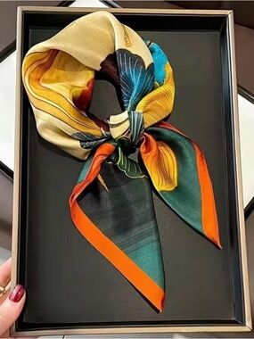 Floral Print Satin Neck Scarf in Green, Orange & Yellow